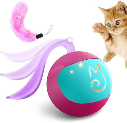Migipaws 2-in-1 Interactive Cat Toy Ball – Paw Friendly Kicking Chasing Ball with Bonus Fluffy Tail for Indoor Cats Random Rolling Auto Escape Corners Tangle-Free Quiet USB Rechargeable (Rose)