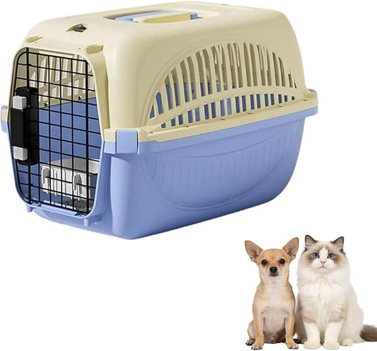 Dog and Cat Kennel Hard Sided, Pet Carrier for Mini Dogs and Cats, Portable Crate with Steel Wire Door, Water Bowl and Urine Separator for Car, Airplane, Outdoor (Blue)