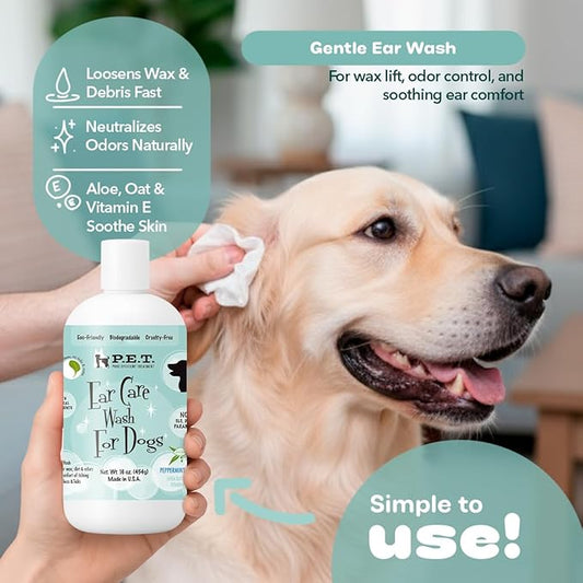 P.E.T. Ear Care Wash for Dogs & Cats — 0% Alcohol & Fragrance-Free Formula — Loosens Wax, Removes Debris, Neutralizes Odor & Soothes with Aloe & Oat — No-Rinse, Vet-Style Application — 16 oz