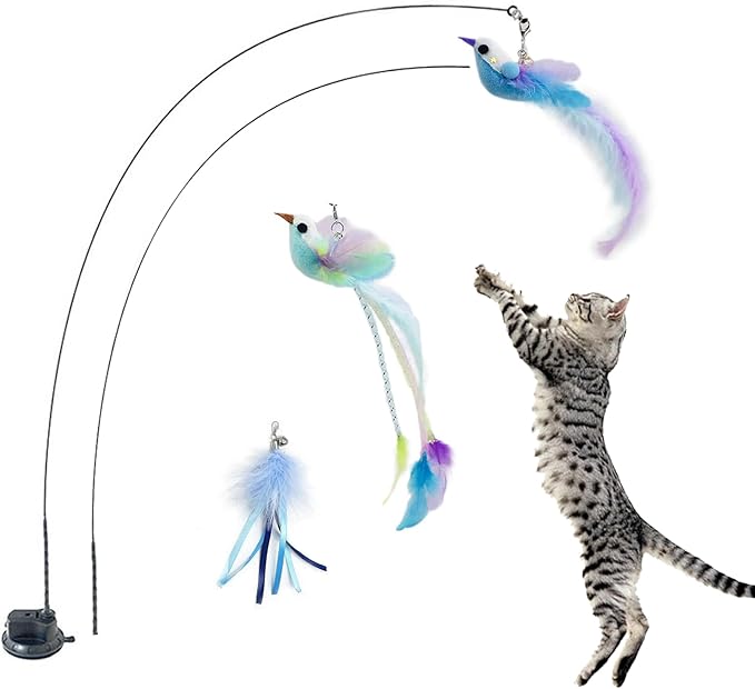Cat Toys Interactive Hands-Free 6 Pack Cat Toys for Indoor Cats Toy Wand Natural Bird Feather, Suction Cup Pet Indoor Dancing Playing Toys, Suction Cup Pet Dancing Playing
