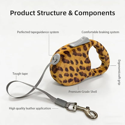 Retractable Dog Leash for Medium & Large Dogs up to 80 lbs, One-Handed Brake, 180kg Strong Nylon Tape, Tangle Free, Anti-Slip Handle (M & L Size) (Leopard Print, L-5M)