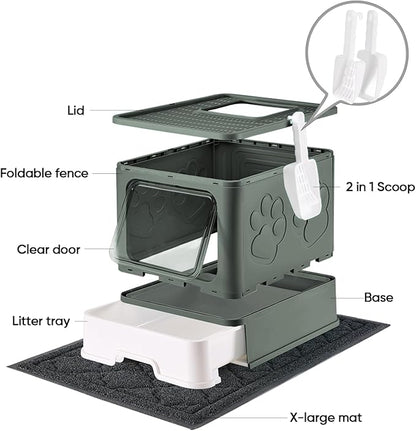 Cat Litter Box with X-Large Litter Mat and Scoop, Large Covered Litter Box with Lid, Enclosed Kitty Box,Front Top Entry Exit, Odor Control Easy to Clean (Upgrade Olive Green)