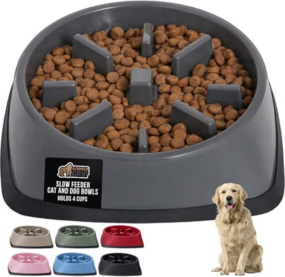 GORILLA GRIP Patented BPA Free Slow Feeder Dog Bowls, 4 Cup Interactive Puzzle Toy for Dogs and Cats Food Training Enrichment, Keeps Pets Busy and Prevents Puppy Overeating, Large Breeds, Gray