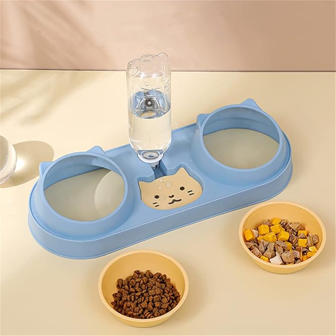 Mltao Pet Feeder, Sky Blue Automatic 3 in 1 Cat Feeder Bowl with Water Dispenser, Plastic Raised Cat Dishes, Wet and Dry Food Bowl Set for Small Dogs, Cats, Rabbits