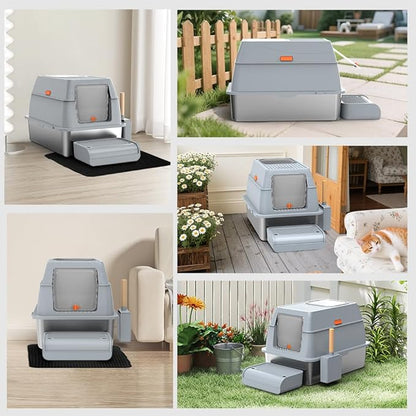 SZEE XL Stainless Steel Litter Box with Lid, Extra Large Metal Covered Litter Box, Stainless Box Easy Clean, Activated Charcoal Odor Control Design, Includes Litter Scoop & Mat & Step, Grey