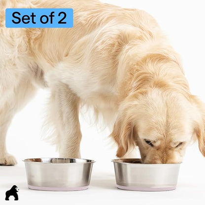 GORILLA GRIP Dog Bowls, Food Grade 304 Stainless Steel, Holds 6 Cups Each (48 fl oz) Food and Water Bowl for Feeding Dogs and Cats, Dishwasher Safe, Rust Resistant, BPA Free Rubber Base Set of 2 Pink