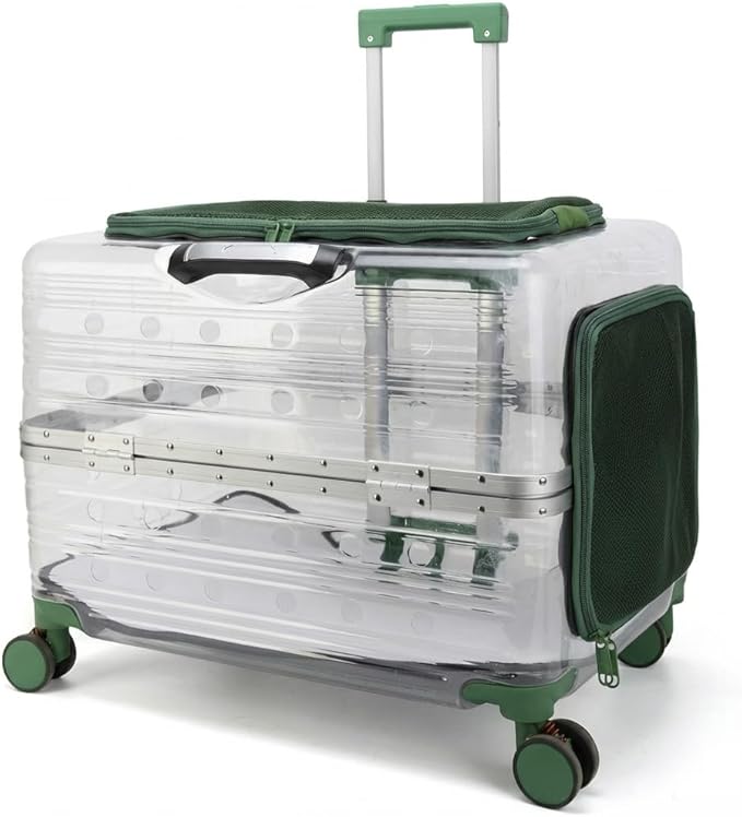 Large Capacity Transparent Pet Carrier with Wheels, Airline Approved Rolling Pet Travel Crate for Dogs & Cats, Portable Hard Shell Pet Luggage (Green)