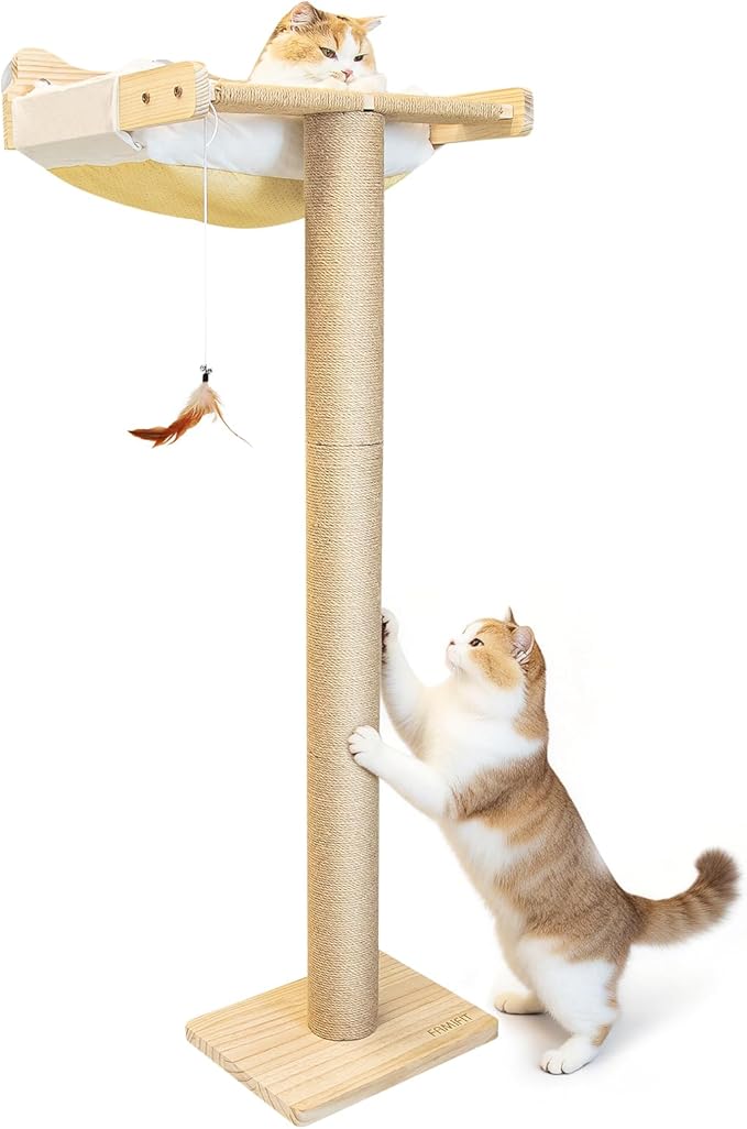 Cat Window Perch with Scratching Post, 46" Adjustable Tall Scratching Posts & Suction Cup – White Rabbit Fur Pad, Multi-Level Perch for Climbing, Bird Watching, Play, Supports 45 lbs (Drilling-Free)