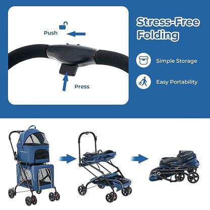 Double Dog Stroller for 2 Dogs, Detachable Carriers, Safety Belt, Lockable Wheels, Pet Travel Carrier Strolling Cart, Folding Cat Stroller for Small Medium Pets Dogs (Blue)