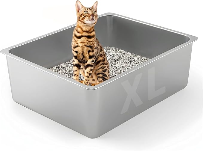 Stainless Steel Cat Litter Box - XL Metal High Sided Cat Pan Tray, Easy to Clean Non Stick Odorless Large Pet Toilet Supplies for Big Cats Kitty Kitten, 23.6 x15.75 x6 Inch, Silver