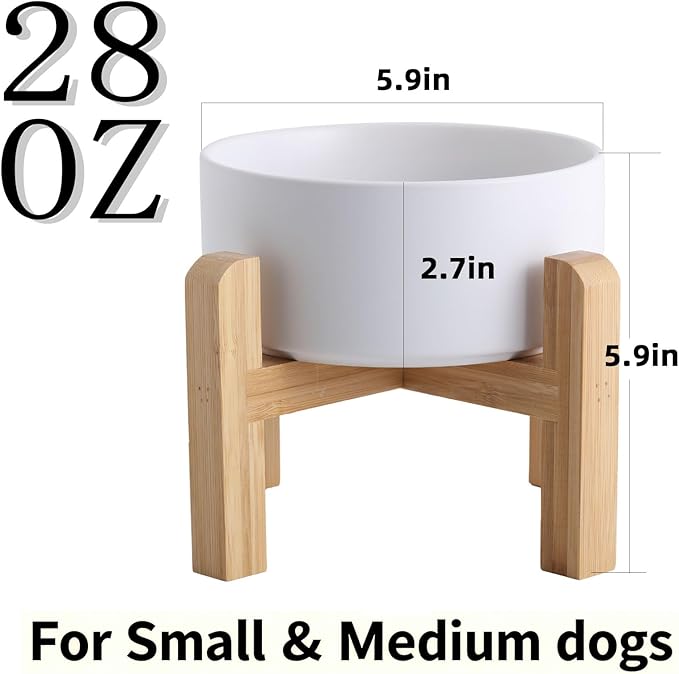 Elevated/Raised Ceramic Dog Bowl with Bamboo Stand，6 Inch 3.6 Cups Non Slip Heavy Weighted Single Pet Dish, for Small Medium Breed & Cats,Reduces Neck Strain White