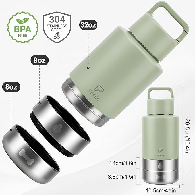 32oz Insulated Dog Water Bottle Dispenser, 3-in-1 Stainless Steel Travel Cup with 2 Detachable Food and Water Bowls, Leak Proof Large Pet Gear, Ideal Gift for Dog Lovers
