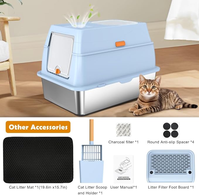 Vivifying Stainless Steel Litter Box with Lid, XL Front Entry Enclosed Extra Large Litter Box for Big Cats & Kitty, Top Exit Metal Cat Pan with Scoop, Mat, Step, Charcoal Filter (Blue)