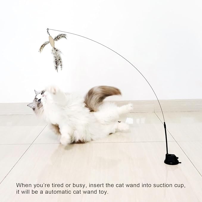TTcat Cat Toys Suction Cup,2 Cat Wand Toys,8Pcs Birds and Insects Dragonfly Grasshopper Simulation Feather Refills with Bells, Interactive Cat Toys for Indoor Cats and Kitten.