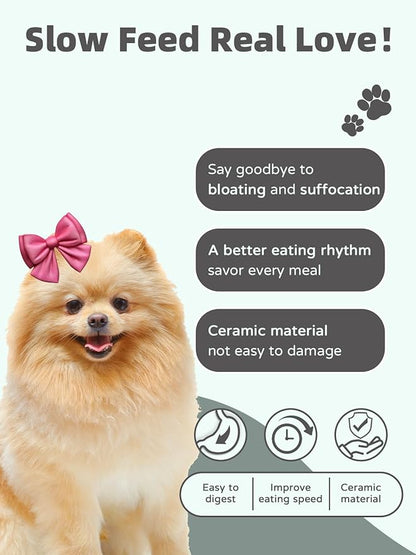 Ceramic 1.5 Cup Slow Feeder Dog Bowl, Slow Feeding Dish for Small & Medium Breeds to Slow Down Eating, Anti-Gulping, Preventing Choking (White)