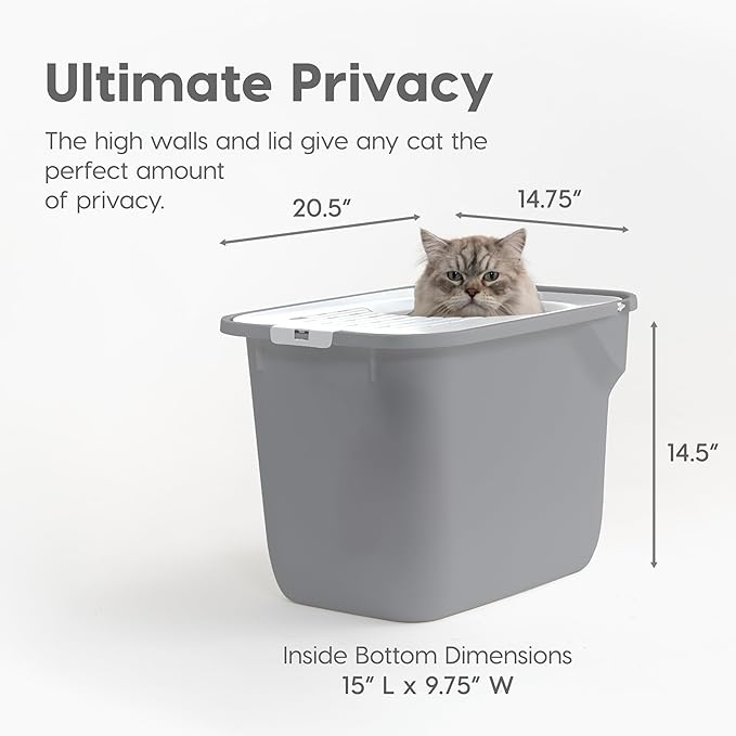 IRIS USA Large Cat Litter Box Top Entry with Lid, Enclosed Litter Box with Litter Catching Lid & Scoop, Covered Cat Litter Box Enclosure for Privacy, High Sided, Gray/White