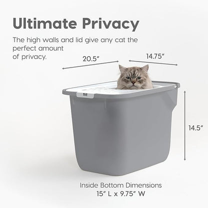 IRIS USA Large Cat Litter Box Top Entry with Lid, Enclosed Litter Box with Litter Catching Lid & Scoop, Covered Cat Litter Box Enclosure for Privacy, High Sided, Gray/White