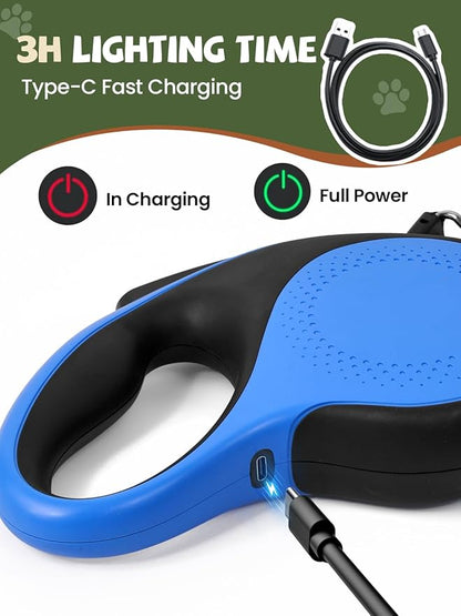 Retractable Dog Leash with Led Light, Douexio 16ft Rechargeable Walking Dog Leash for Small Medium Dogs Up to 66 lbs,360° Tangle-Free, One-Button Control, High Strength Hook