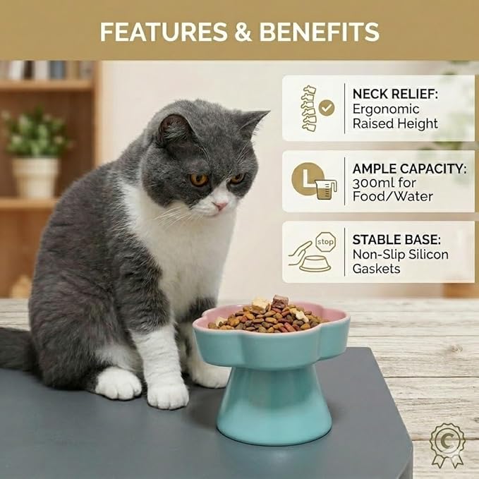 Ceramic Elevated Slow Feeder Cat Bowl, Raised and Gently Tilted Feeding Dish with Maze Design, Whisker-Friendly, Easy to Clean, for Indoor Cats and Small Dogs (Blue/Pink)
