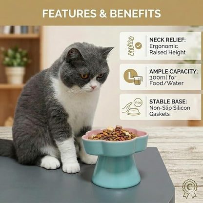 Ceramic Elevated Slow Feeder Cat Bowl, Raised and Gently Tilted Feeding Dish with Maze Design, Whisker-Friendly, Easy to Clean, for Indoor Cats and Small Dogs (Blue/Pink)