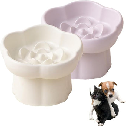 Ceramic Elevated Slow Feeder Cat Bowl,Anti Vomit Design for Whisker Fatigue Relief,Elevated Slow Feeder Bowls for Indoor Cats&Small Breeds,Perfect for Wet Food&Small Dogs (2, White and Purple)