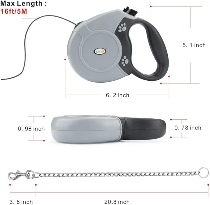 Idepet Heavy Duty Retractable Dog Leash for Small and Medium Dogs, Anti-Chewing Steel Chain Design,360 DegreeTangle-Free,Break and Lock System,16ft Leash Dog Walking (Round Rope)
