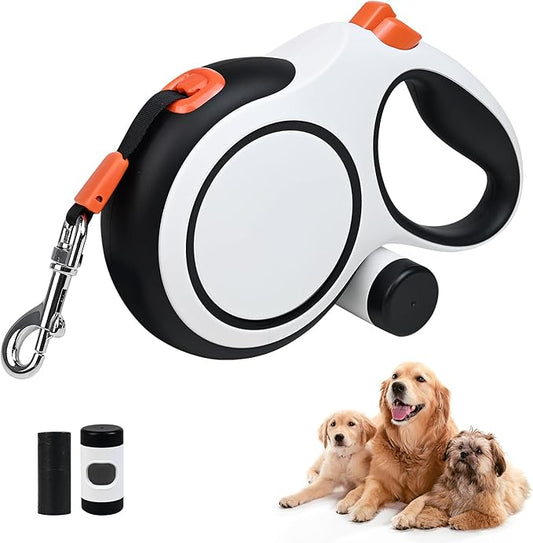 BIGNADO 26ft/8m Retractable Dog Leash with Poop Bag Holder for Medium Large Dogs Up to 110lbs/50kg, Heavy Duty Dog Walking Leash with Anti-Slip Grip, No-Tangle Leashes, One-Handed Lock - White