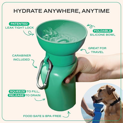 Springer by Springland Flip Portable Dog Water Bottle with Foldable Food Grade Silicone Bowl - 20 Ounce Travel Dog Water Bottle Ideal for Camping - Easy Squeeze Hydration & Release to Drain