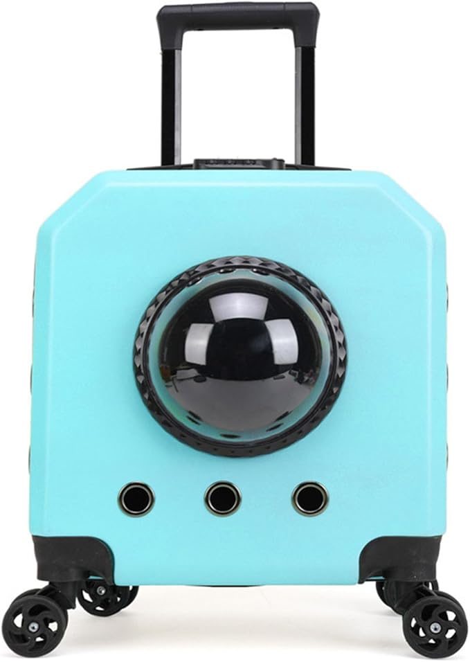 Double Compartment Pet Luggage with Wheels Cat Dog, Telescoping Handle Breathable Transparent Cover for Small and Medium Animals (Cyan)