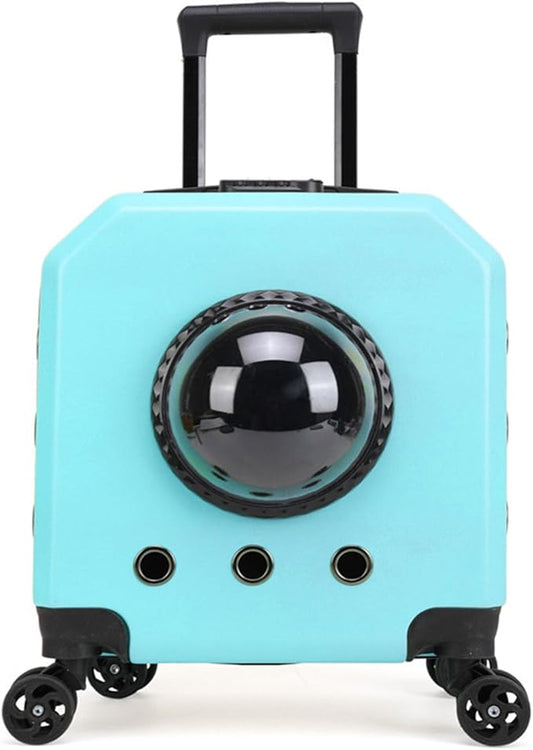Double Compartment Pet Luggage with Wheels Cat Dog, Telescoping Handle Breathable Transparent Cover for Small and Medium Animals (Cyan)