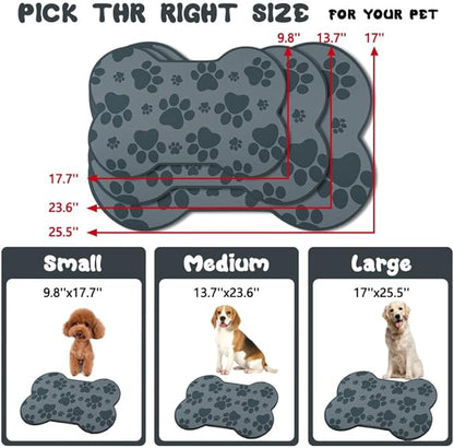 Dog Food Mats for Floors Waterproof, Pet Feeding Absorbent Water Bowl Mat Cat Placemats Gray Bone Shape 19 * 12 inch
