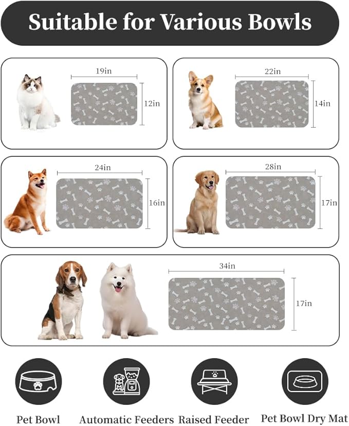 MontVoo Dog Food Mat-Pet Feeding Mat for Food and Water-No Stains Quick Dry Dispenser Cat Bowl Mat for Messy Drinkers(17"x28" Grey)