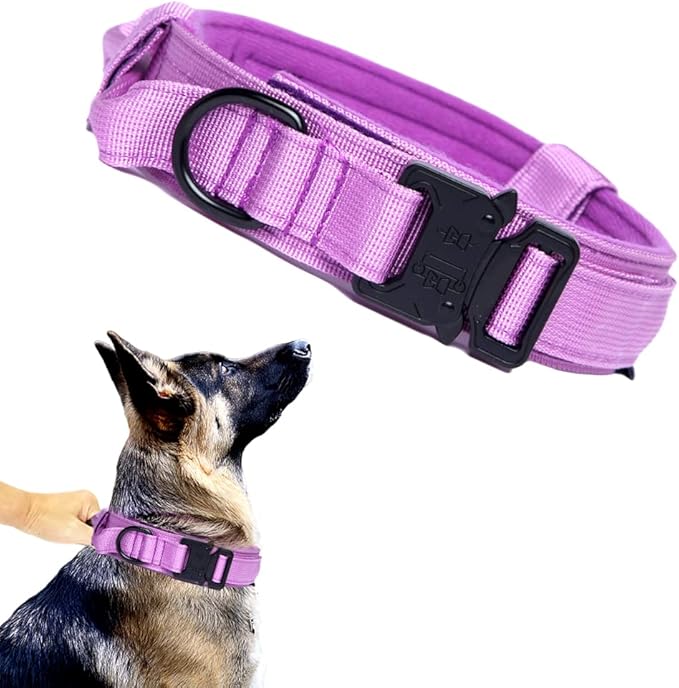 Xqpetlihai Tactical Dog Collar Adjustable Military Nylon Dog Collar with Control Handle and Heavy Duty Metal Buckle for Medium and Large Dogs (Purple,L)