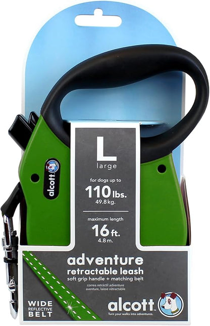 Alcott Adventure Retractable Leash – 16 Feet – Large for Dogs up to 110 lbs, Green – Durable & Comfortable Dog Leash