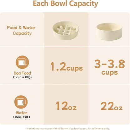 Ceramic 1.2 Cup Raised Slow Feeder Dog Bowl Set, Elevated 6.1inch Bowl and 7.3inch Slow Pet Food Dish with Wooden Stand for Small and Medium Dog (2 xLight Yellow+ Stand)