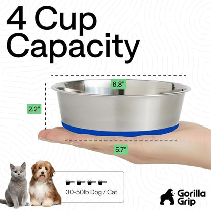 GORILLA GRIP Dog Bowls, Food Grade 304 Stainless Steel, Holds 4 Cups Each (32 fl oz) Food and Water Bowl for Feeding Dogs and Cats, Dishwasher Safe, Rust Resistant, BPA Free Rubber Base Set of 2 Blue