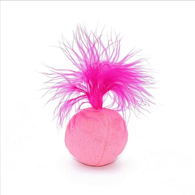 Furry Rattle Ball Cat Toy with Feather and Catnip - Interactive Pom Pom Balls for Cats, Soft and Lightweight, 2 Inch, 3 Pack.