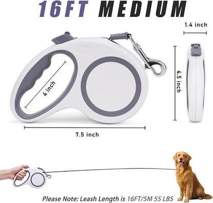 Retractable Dog Leash, 16 FT Retractable Leash for Dogs 0-55 lbs, Strong Nylon Tape No Tangle, One-Handed Brake, Pause, Lock, Perfect for Medium Large Dogs, White