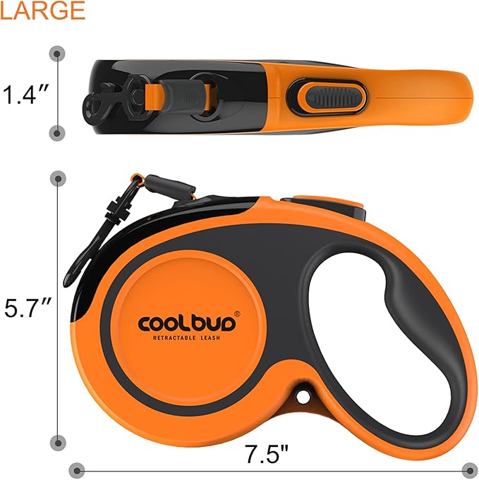 360° Tangle-Free, Heavy Duty Retractable Dog Leash with Anti-Slip Handle; 16 ft Reflective Strong Nylon Tape; for Large Dog or Cat up to 110 lbs; One-Handed Brake, Pause, Lock (Orange, Large)