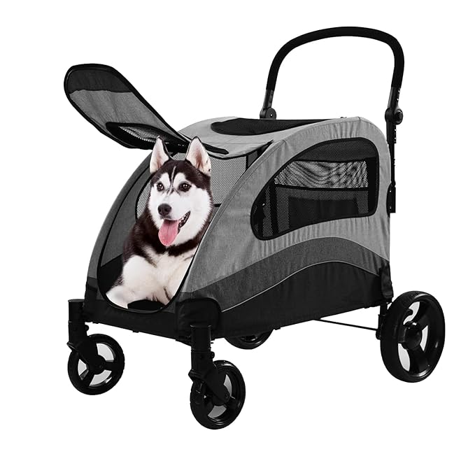 XL Extra Large Dog Stroller, All-Terrain 4 Wheel for 2 Medium Dogs, One-Click Foldable, Adjustable Handles, Dual Entry Safety Dog Stroller, Capacity 88lbs (Gray)