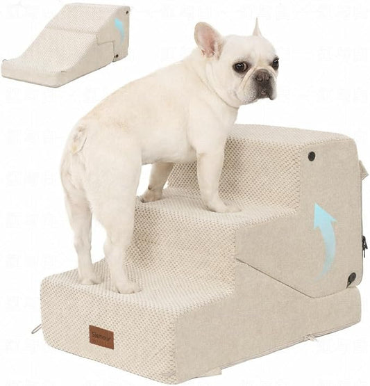 3-Step Dog Stair and Ramp for Small Dogs and Cats, Pet Steps for Sofa and Couch with Non-Slip Bottom, Beige