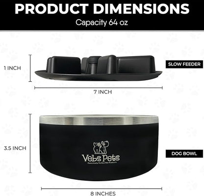 64 oz Premium Insulated Stainless Steel Dog Bowl - Non-Slip, Spill-Proof, BPA-Free - Includes A Slow Feeder Insert, Dog Dish, Water and Food Bowl Feeding of Large and Medium Dogs - Black