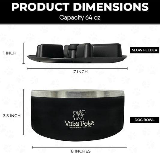64 oz Premium Insulated Stainless Steel Dog Bowl - Non-Slip, Spill-Proof, BPA-Free - Includes A Slow Feeder Insert, Dog Dish, Water and Food Bowl Feeding of Large and Medium Dogs - Black