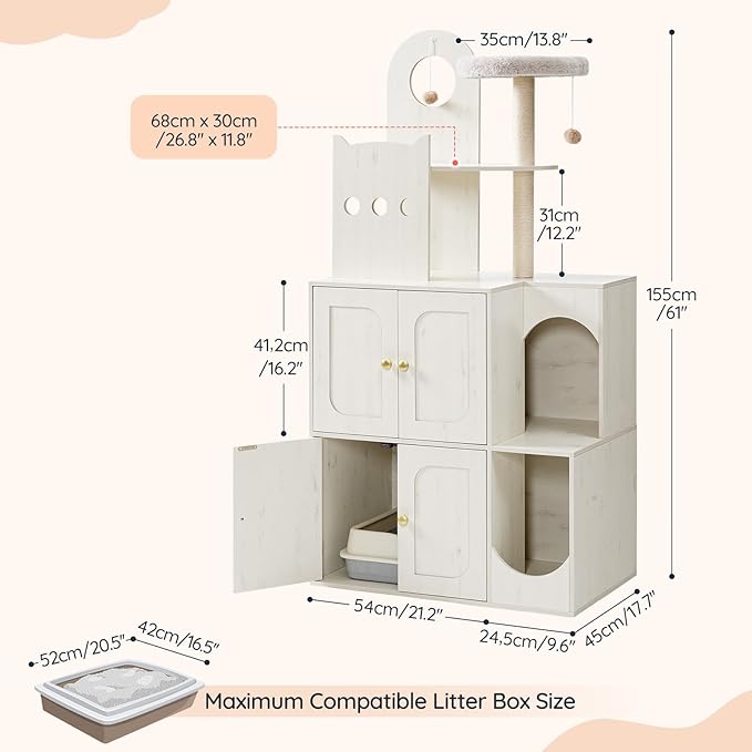 HOOBRO Cat Litter Box Enclosure Furniture for 2 Cats, 2 in 1 Hidden Litter Box Furniture with Sisal Scratching Posts and Dangling Balls, Double Litter Box Cabinet with Cat Tree, Indoor Cat House White