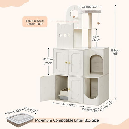 HOOBRO Cat Litter Box Enclosure Furniture for 2 Cats, 2 in 1 Hidden Litter Box Furniture with Sisal Scratching Posts and Dangling Balls, Double Litter Box Cabinet with Cat Tree, Indoor Cat House White