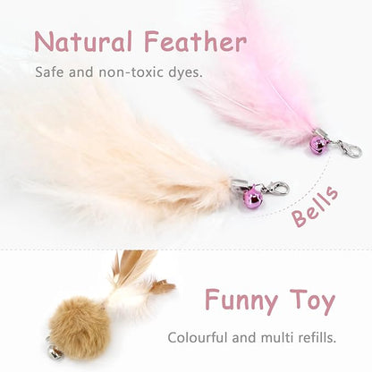 SONGWAY Interactive Cat Feather Toys - 7 PCS Cat Toys Set for Indoor Cats, Retractable Wand with Feather Tail Toy Refills, Kitten Toys Gift, Pink