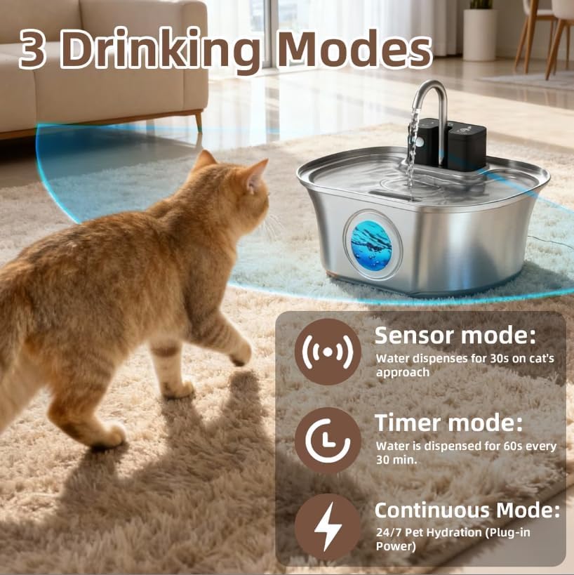 Casfuy PWL-300 Wireless Smart Quiet Stainless Steel Cat Water Fountain, 108-oz - Image 2