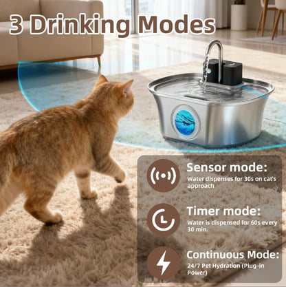 Casfuy PWL-300 Wireless Smart Quiet Stainless Steel Cat Water Fountain, 108-oz - Image 2