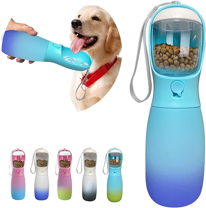 2-in-1 Dog Water Bottle Portable, Food Grade Travel Dog Bowls with Food Container, 19Oz Dog Water Bowl Dispenser, Hiking Essentials, Puppy Stuff Dogs Accessories Girl Boy (Blue)