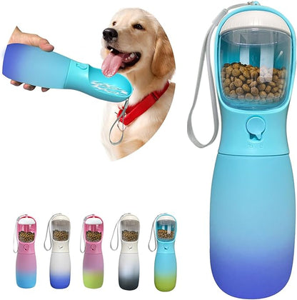 2-in-1 Dog Water Bottle Portable, Food Grade Travel Dog Bowls with Food Container, 19Oz Dog Water Bowl Dispenser, Hiking Essentials, Puppy Stuff Dogs Accessories Girl Boy (Blue)